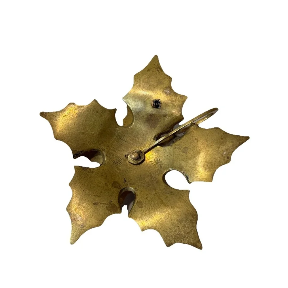 Vintage Solid Brass Holly Leaf Candlestick Holder Ring Handle Christmas‎ MCM